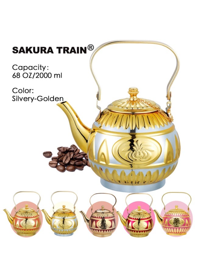Sakura Train Purely Hand-Painted Golden-Painted Luxury Turkish Middle Eastern Style Stainless Steel Teapot Coffee Pot, Decorative Water Kettle with Handle, Multiple Colors And Capacities Available for Women, Men, Adults, Guests or For Tea Party - Best gift idea - Image 1