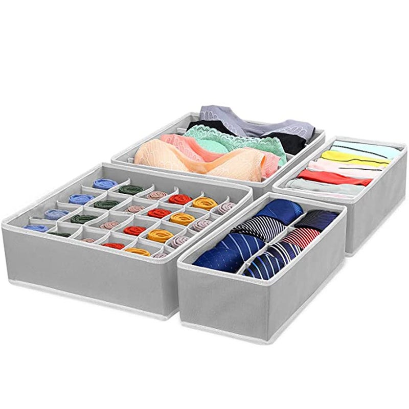Premium Minimalist Underwear Organizer Drawer Set (4 Pack) - Heavy-Duty Foldable Fabric Dividers - Durable Multi-Cell Storage Boxes for Underwear, Bras, Socks, Ties & Tissues (Sleek Grey Space-Saving Collapsible Profile) - Manual Closet Organization Convenience & Garment Asset Management Template