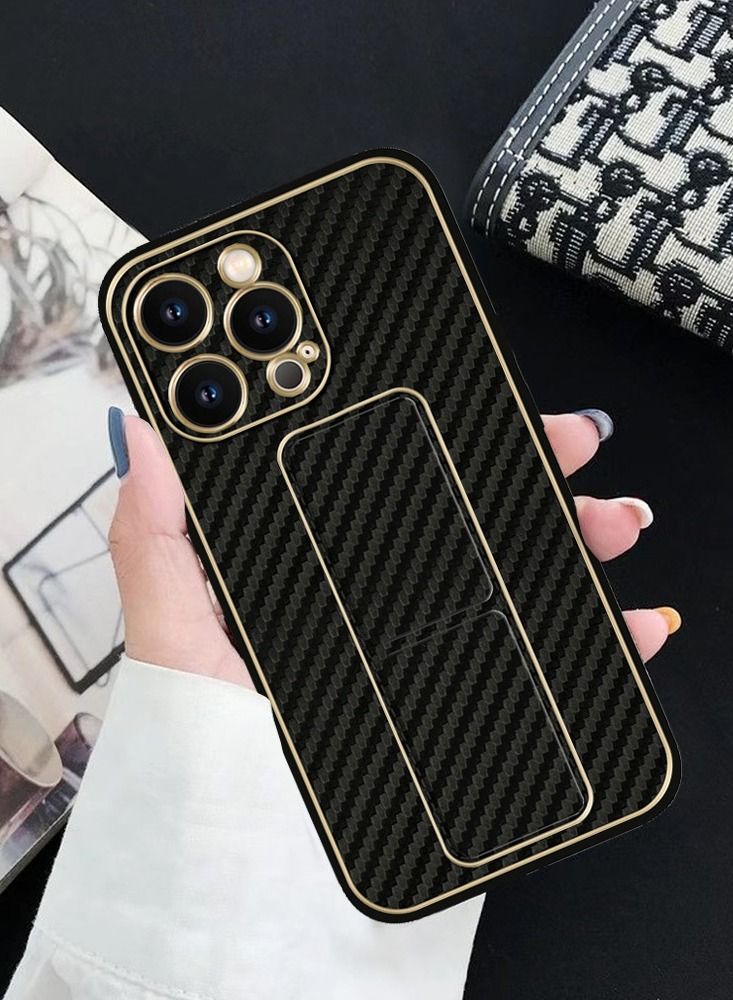 CATANES iPhone 13 Pro Carbon Fiber Texture Case Cover with Finger Grip Loop and Foldable Stand Black  - Image 3