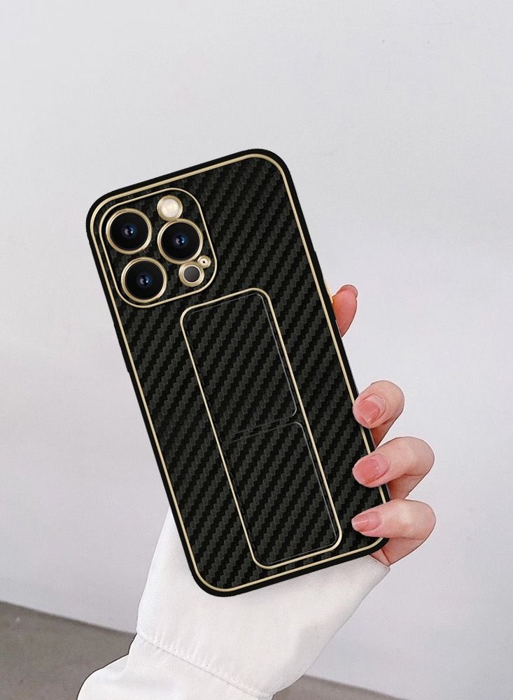 CATANES iPhone 13 Pro Carbon Fiber Texture Case Cover with Finger Grip Loop and Foldable Stand Black  - Image 4