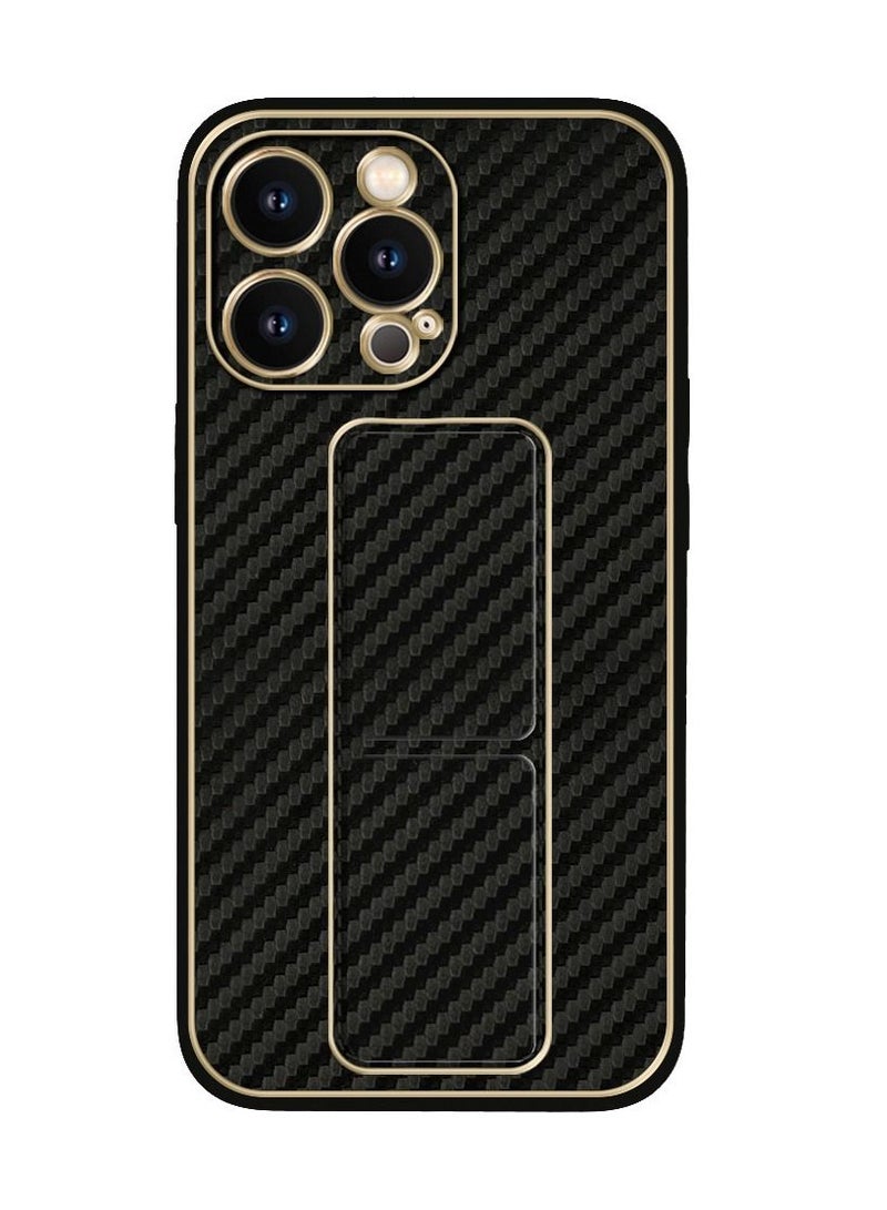 CATANES iPhone 13 Pro Carbon Fiber Texture Case Cover with Finger Grip Loop and Foldable Stand Black  - Image 1