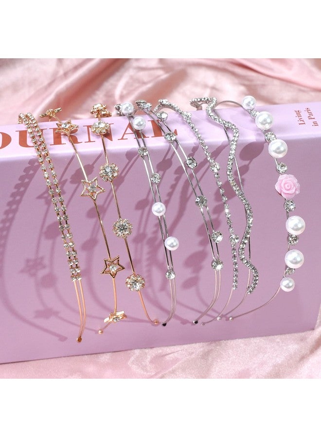 Yxiang 8Pcs Crystal Headbands For Women, Pearls Flower Hairbands Fashion Rhinestone Headband Gold Sliver Metal Decorative Headpiece Headdress Kid Girl Women Bride - Image 4