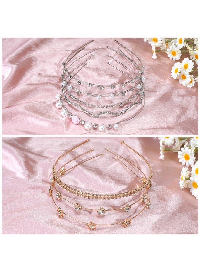 Yxiang 8Pcs Crystal Headbands For Women, Pearls Flower Hairbands Fashion Rhinestone Headband Gold Sliver Metal Decorative Headpiece Headdress Kid Girl Women Bride - Image 3