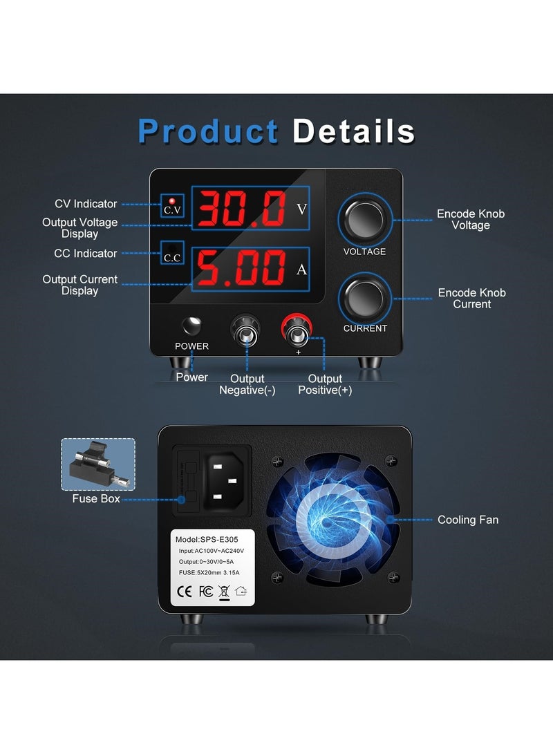 SYOSI DC Power Supply Variable, 30V 5A Bench Power Supply with Encoder Adjustment, Upgraded 3-Digits LED Display, Mini Regulated DC Bench Power Supply - Image 2