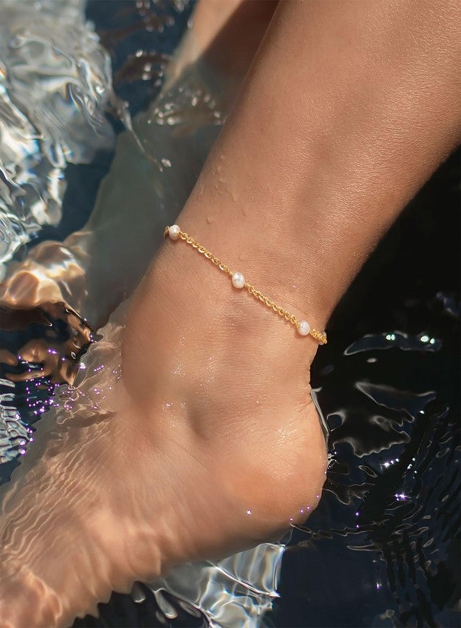 MEVECCO Dainty Gold Pearl Anklet for Women 14k Gold Plated Freshwater Pearl Anklet Bracelet Handmade Cute Minimalist Foot Chain Anklet White Pearl Anklet for Her Jewelry Gifts - Image 2