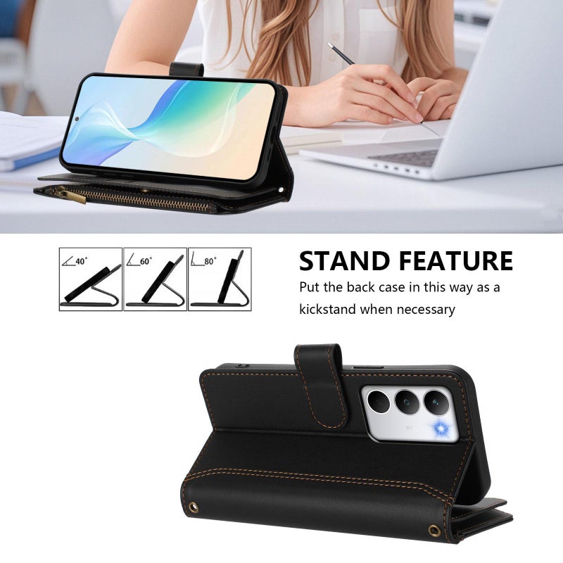 إيروريكس جراب جلدي بسحاب و9 فتحات للبطاقات مع حزام يد لهاتف Realme C71 4G العالمي بإغلاق مغناطيسي (أسود) - Image 4