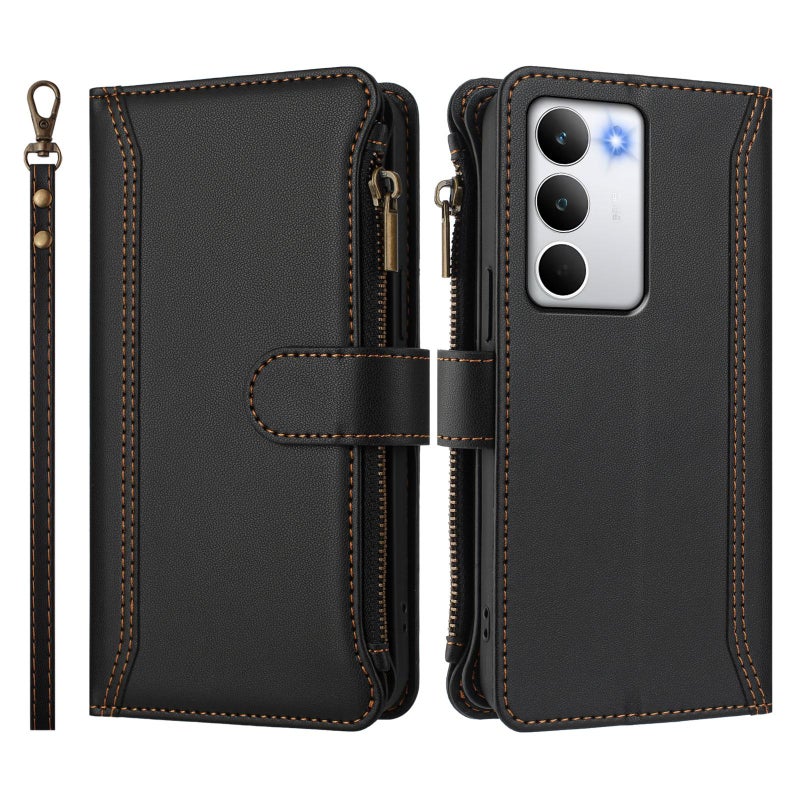 إيروريكس جراب جلدي بسحاب و9 فتحات للبطاقات مع حزام يد لهاتف Realme C71 4G العالمي بإغلاق مغناطيسي (أسود) - Image 2