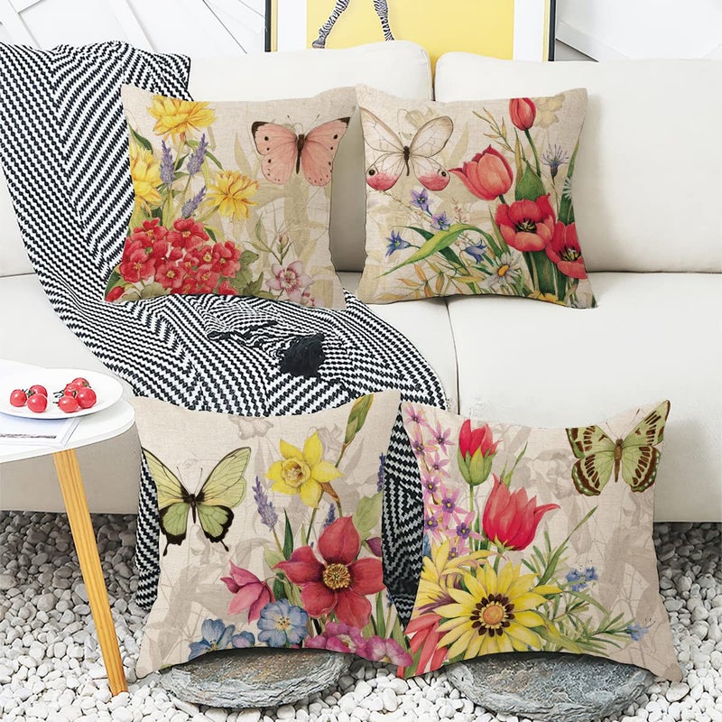 Wyooxoo Throw Pillow Covers 20X20 Set Of 4 Decorative Spring Pillow Covers Linen Flower Butterfly Farmhouse Pillowcases For Sofa Couch Living Room Outdoor (20"" X 20"") - Image 5