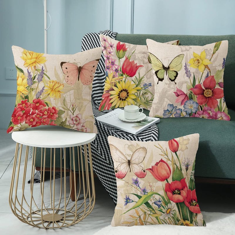 Wyooxoo Throw Pillow Covers 20X20 Set Of 4 Decorative Spring Pillow Covers Linen Flower Butterfly Farmhouse Pillowcases For Sofa Couch Living Room Outdoor (20"" X 20"") - Image 4