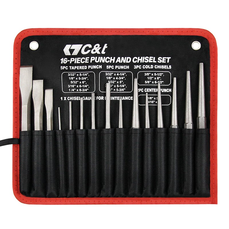 CT 16Piece Punch and Chisel Set With Storage Pouch Including Taper Cold Chisels Pin Center Chrome Vanadium Steel