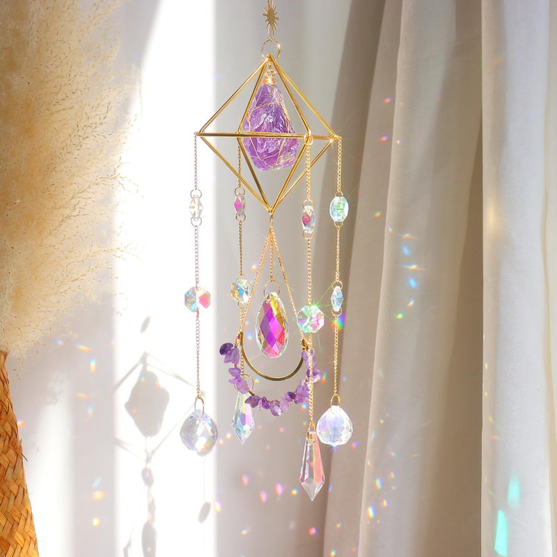 LPKADQA Amethyst Crystal Suncatcher  Hanging Gold Plated Garden Sun Catcher for Windows Healing Amethyst Crystal Decor for Home Gift for Christmas Birthday Valentine Mothers Day