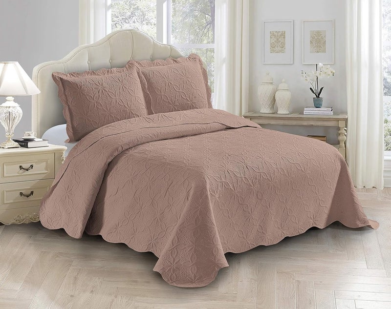 Fancy Linen 3pc Embossed Coverlet Bedspread Set Oversized Bed Cover Solid Floral Daisy Pattern New # Allis (Full/Queen, Taupe) - Image 1