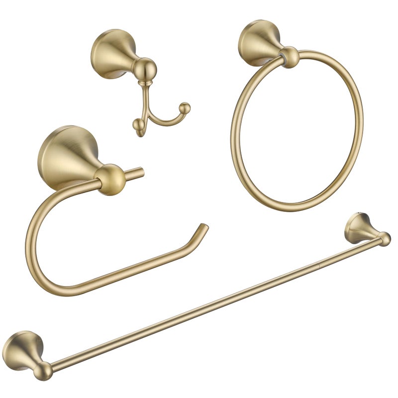 FROPO 4 Piece Gold Bathroom Hardware Set Brushed Gold Bathroom Accessories 236 Inch Towel Bar Towel Hook Toilet Paper Holder Hand Towel Holder
