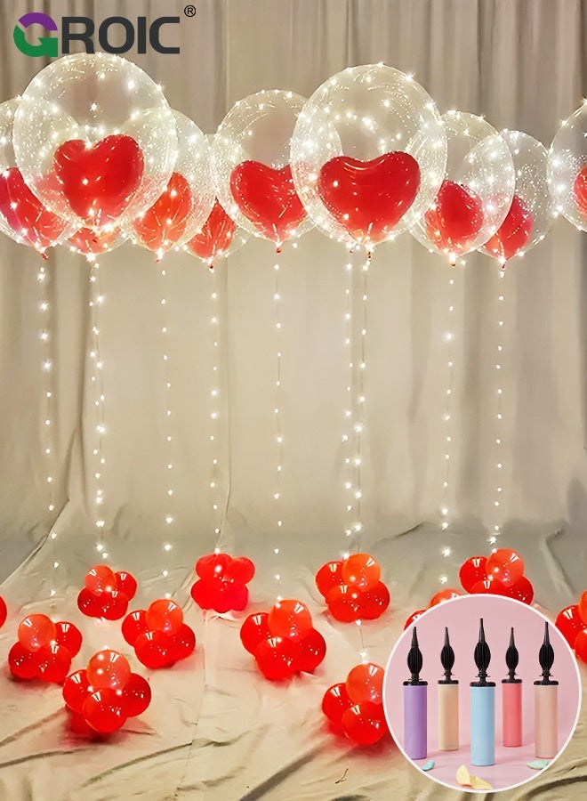 GROIC 61 Pcs LED Glow Balloon Set Party Supplies- 20'' Clear Bobo Balloons with LED Light-Up String Lights, 10''  Red Heart Shape Balloons, 5''  Red Circle Shape Balloons for Wedding, Birthday Party Decorations - Image 1