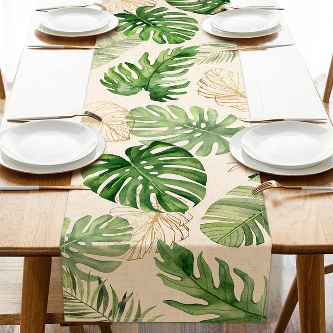 SUMMER PALM LEAVES TROPICAL GREENERY TABLE RUNNER MONSTERA HOME KITCHEN DINING PLANT DECOR SPRING SEASONAL DECORATIONS INDOOR OUTDOOR HAWAII LUAU ANNIVERSARY PARTY SUPPLY 13 X 72 INCH