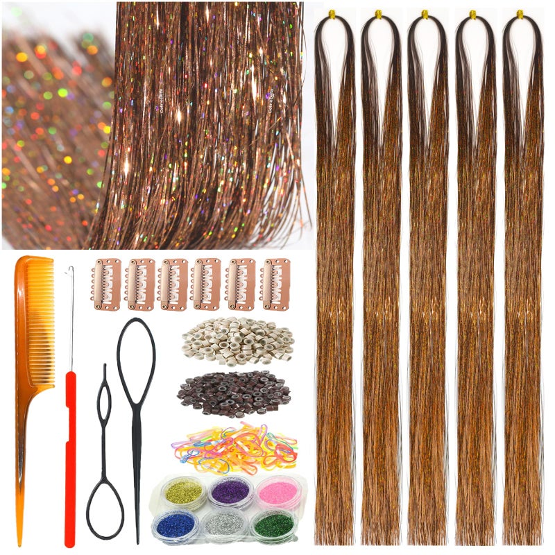 CelineBella Coffee Brown Tinsel Hair,48 Inch 1250 Strands,Heat Resistant,Sparkling Shiny Glitter Fairy Hair Extensions for Women Party Cosplay for All Hair Colors - Image 1