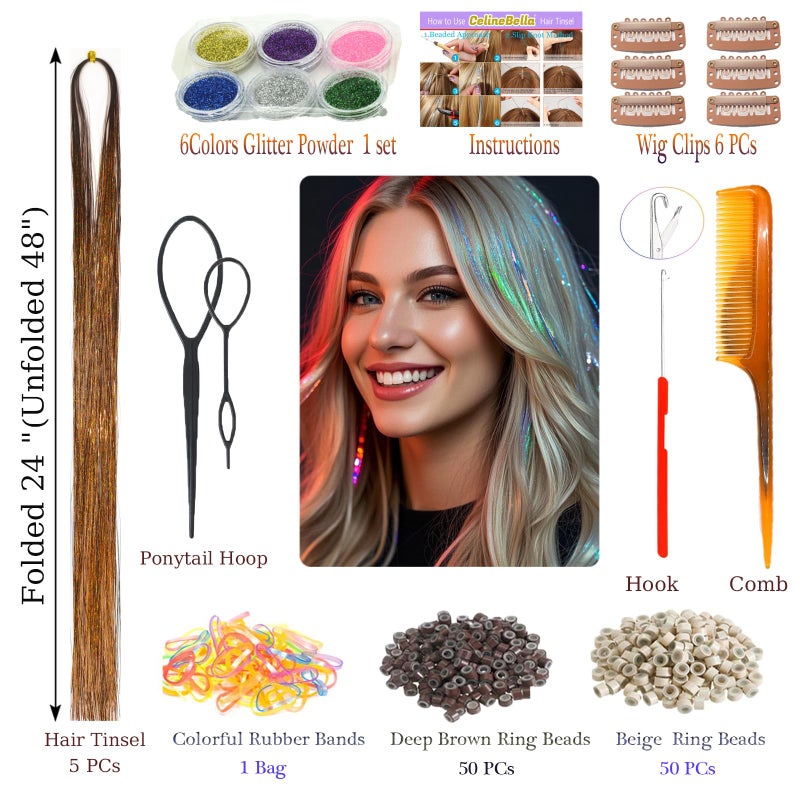 CelineBella Coffee Brown Tinsel Hair,48 Inch 1250 Strands,Heat Resistant,Sparkling Shiny Glitter Fairy Hair Extensions for Women Party Cosplay for All Hair Colors - Image 2
