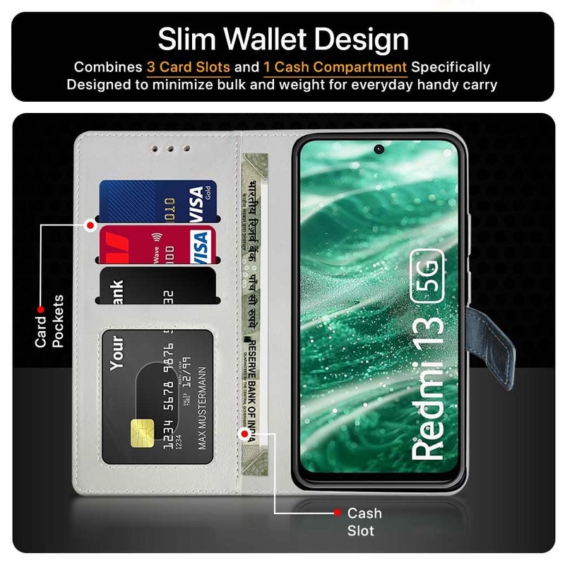 FLIPPED غطاء خلفي قابل للطي من الجلد النباتي FLIPPED لهاتف Mi Redmi 13 5G | Poco M6 Plus 5G (مرن، مقاوم للصدمات | تشطيب يدوي | جيوب بطاقات ومحفظة وحامل | أزرق إيرلندي مع بلوط مدبوغ) - Image 4