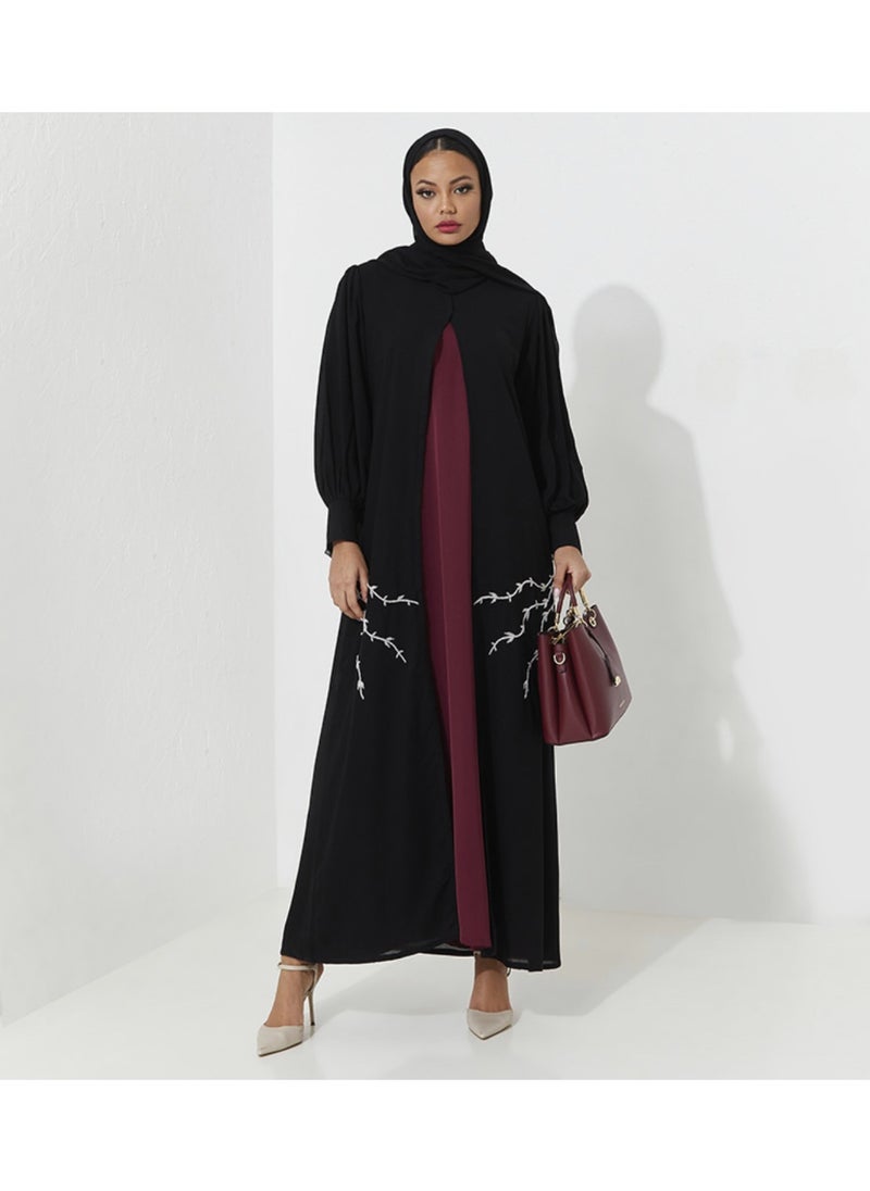 Rosette Abaya Abaya Set with silver hand Embroidery With red dress inside  - Image 2