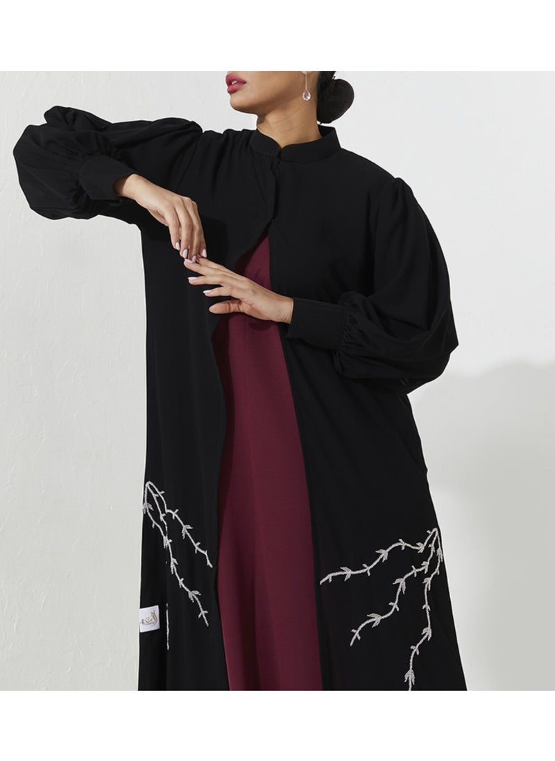Rosette Abaya Abaya Set with silver hand Embroidery With red dress inside  - Image 3