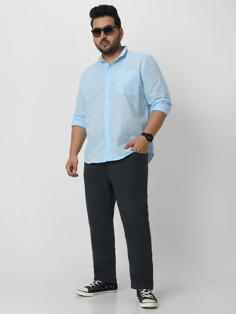 Urbano Fashion  Urbano Plus Men's Light Blue Cotton Full Sleeve Regular Fit Casual Solid Shirt with Band Collar  | Best Price UAE
