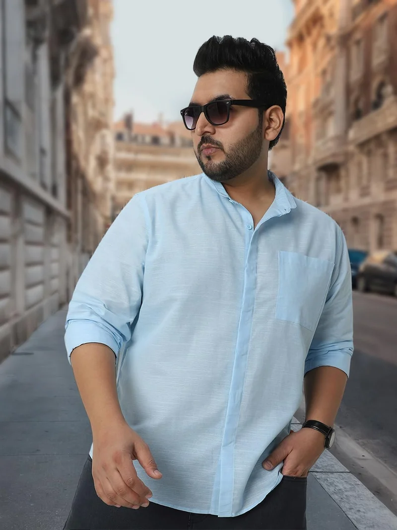 Urbano Fashion  Urbano Plus Men's Light Blue Cotton Full Sleeve Regular Fit Casual Solid Shirt with Band Collar  | Best Price UAE