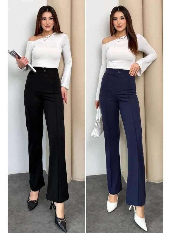 Mmetalic Women's High-Waist Button-Zipper Elastic Straight Comfortable Ribbed 2-Pair Palazzo Pants.