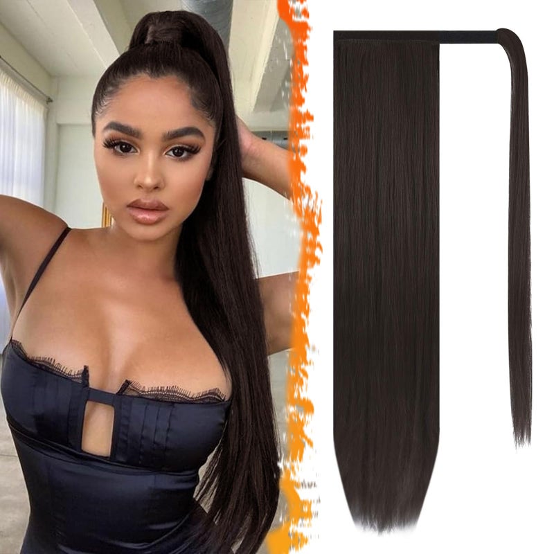 BARSDAR Darkest Brown Straight Wrap Ponytail Extension  30 Inch Long Straight Wrap Around Ponytail for Black Women Clip in Ponytail Hair Extensions Synthetic Brown Pony Tails Hairpieces