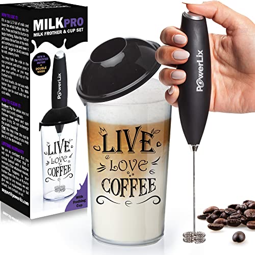 POWERLIX PowerLix Powerful Handheld Milk Frother With Stand Battery Operated Foam Maker Frother Wand For Coffee A Black No Stand Cup Set 