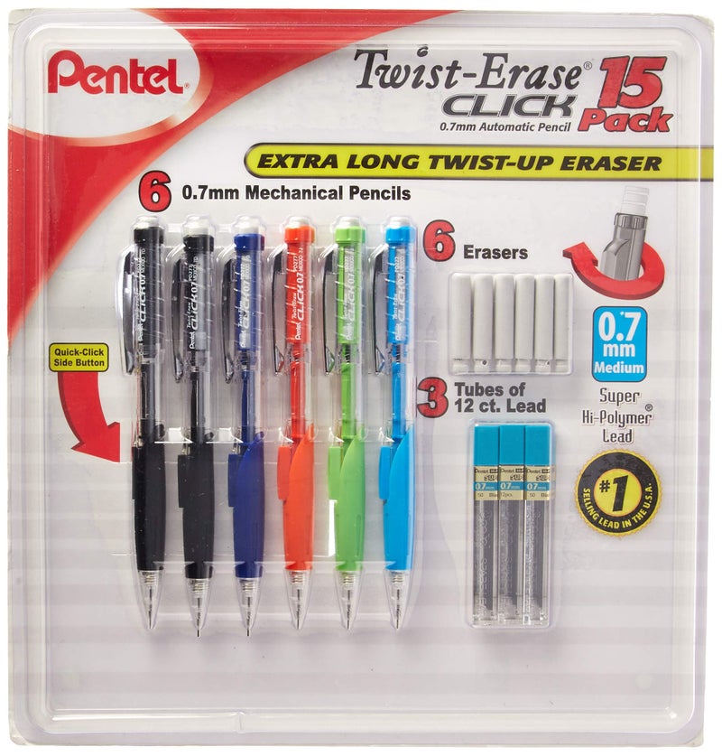 Pentel Twist-Erase Click Mechanical Pencils 0.7mm, HB #2, School Supplies, Teacher Supplies, Drawing Sketching pencils, Assorted Barrel Colors- 6 Mechanical Pencils, 6 Erasers, 3 Tubes of Lead Refills - Image 1