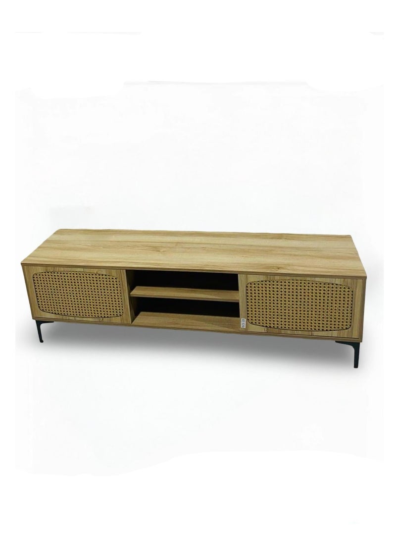 Generic Mid-Century Modern TV Stand with Rattan Doors – Natural Wood Finish, 160cm  - Image 1