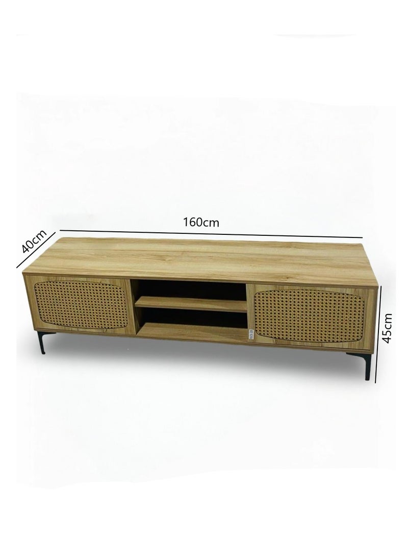 Generic Mid-Century Modern TV Stand with Rattan Doors – Natural Wood Finish, 160cm  - Image 2