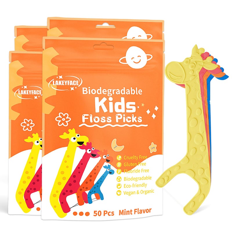 Lakeyface 200 Count Biodegradable Kids Flossers EcoFriendly PlantBased Floss Picks No Fluoride BPA Free Cute Giraffe Dental Picks No Plastics Vegan Natural Floss Mild Mint - Image 3