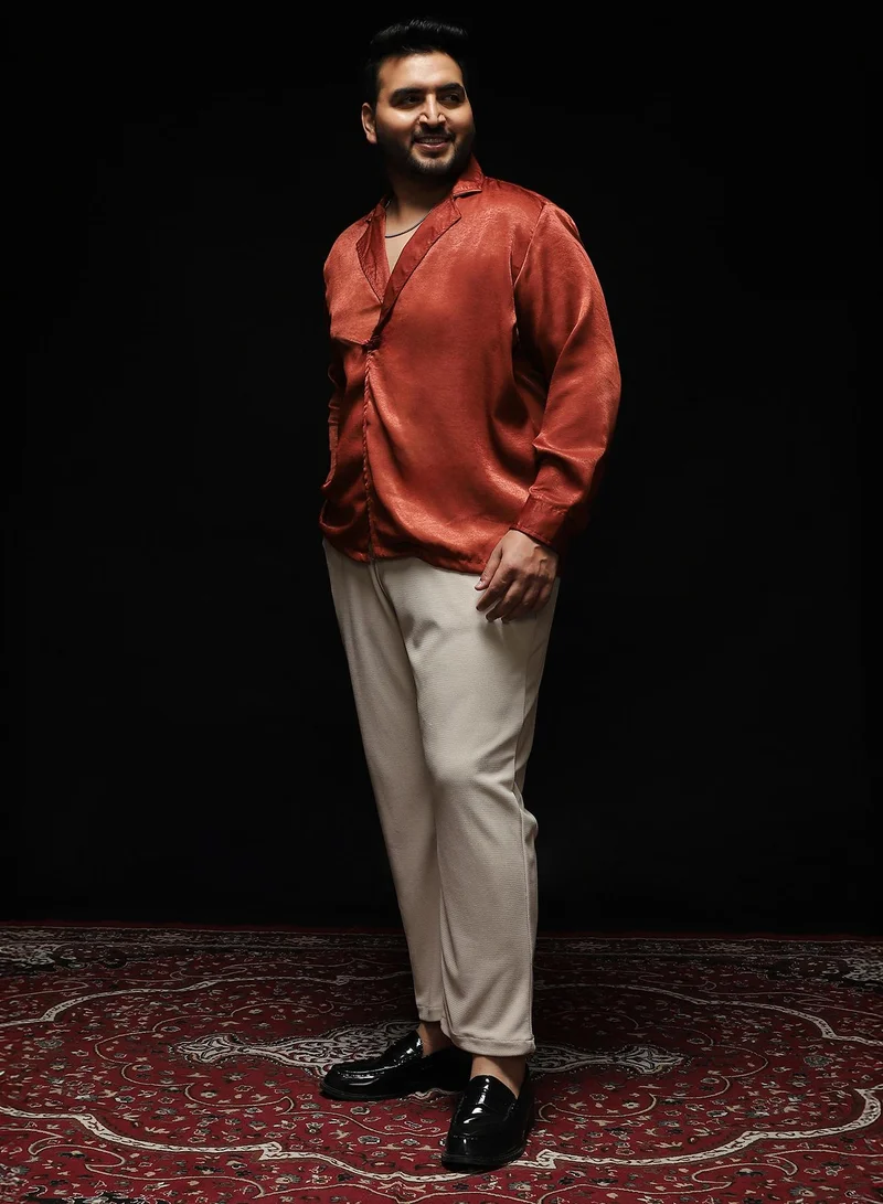 Instafab Plus Instafab Plus Men's Brick Red Cuban-Modular Shirt | Notch Collar , Long Cuffed Sleeves , Button Closure , Straight Hemline | Solid Plain Polyester Material For Casual & Vacation Wear