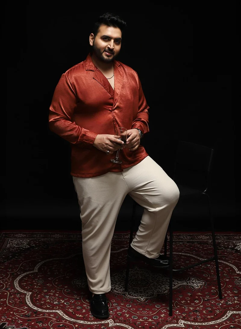 Instafab Plus Instafab Plus Men's Brick Red Cuban-Modular Shirt | Notch Collar , Long Cuffed Sleeves , Button Closure , Straight Hemline | Solid Plain Polyester Material For Casual & Vacation Wear