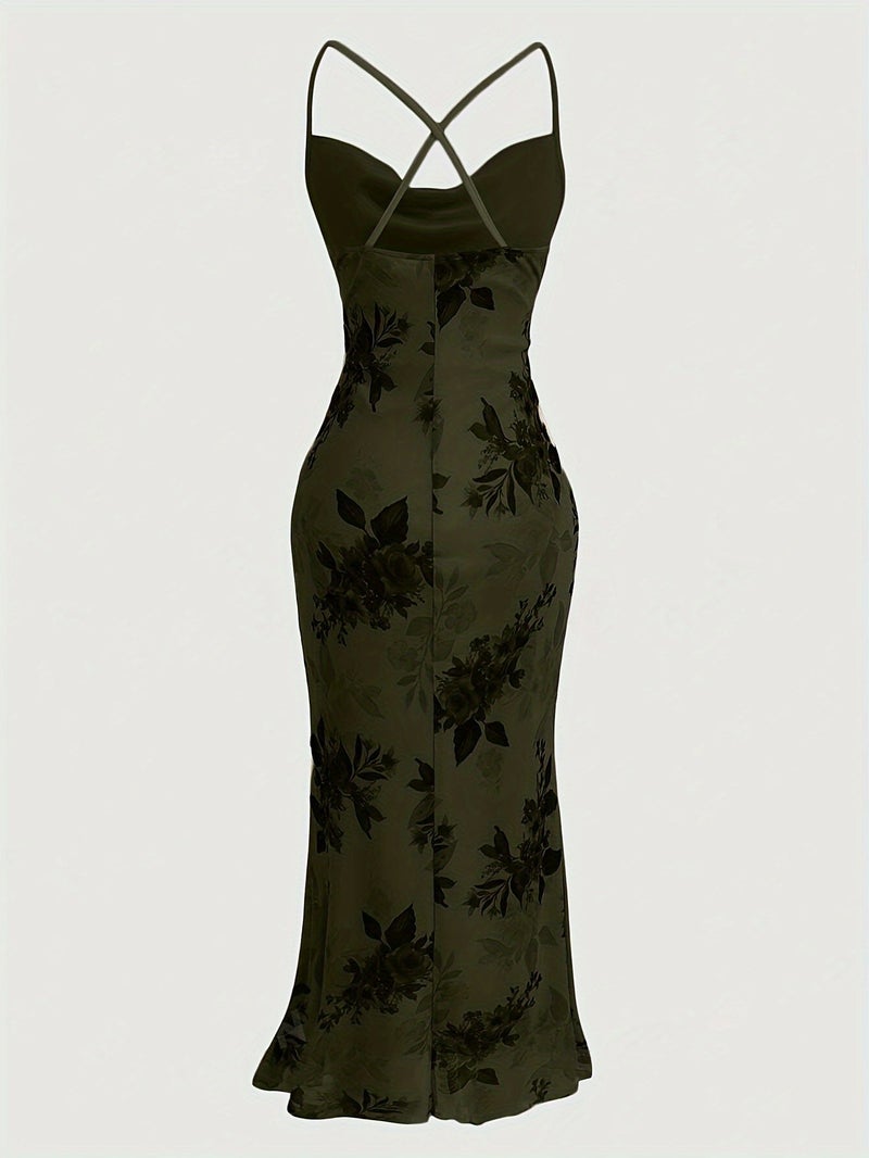 Vintage Elegant Cocktail Party Spaghetti Strap Printed Mesh Midi Dress for Women - Image 4