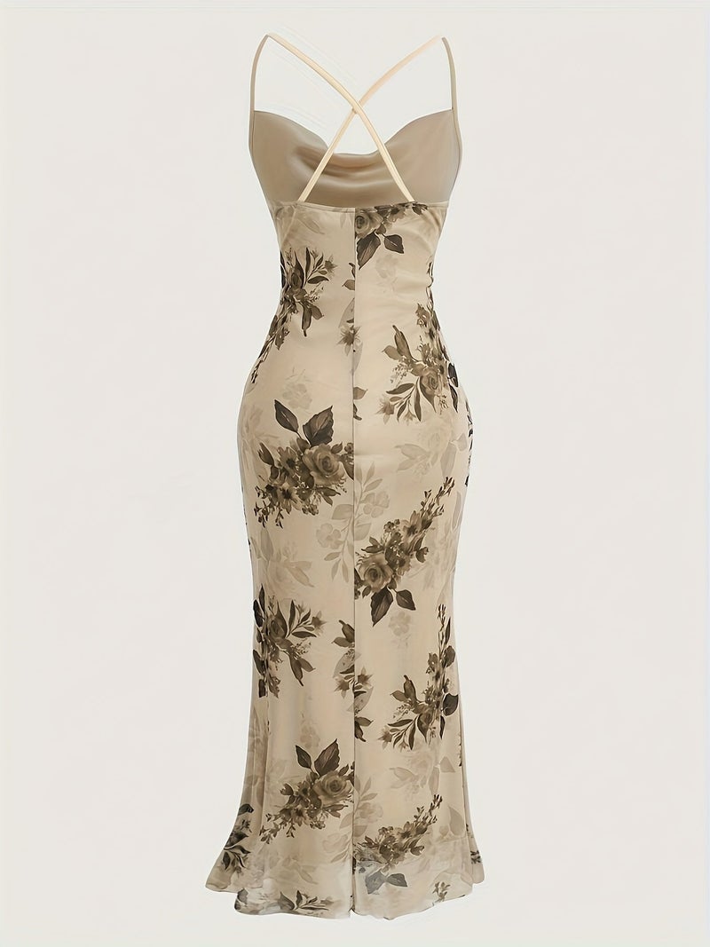 Vintage Elegant Cocktail Party Spaghetti Strap Printed Mesh Midi Dress for Women - Image 5