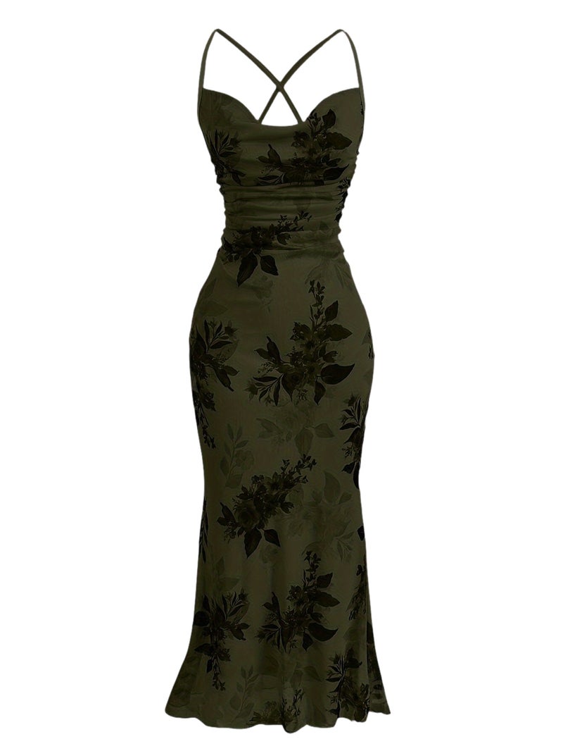 Vintage Elegant Cocktail Party Spaghetti Strap Printed Mesh Midi Dress for Women - Image 1