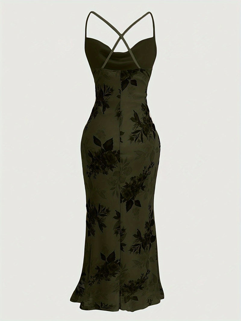 Vintage Elegant Cocktail Party Spaghetti Strap Printed Mesh Midi Dress for Women - Image 2