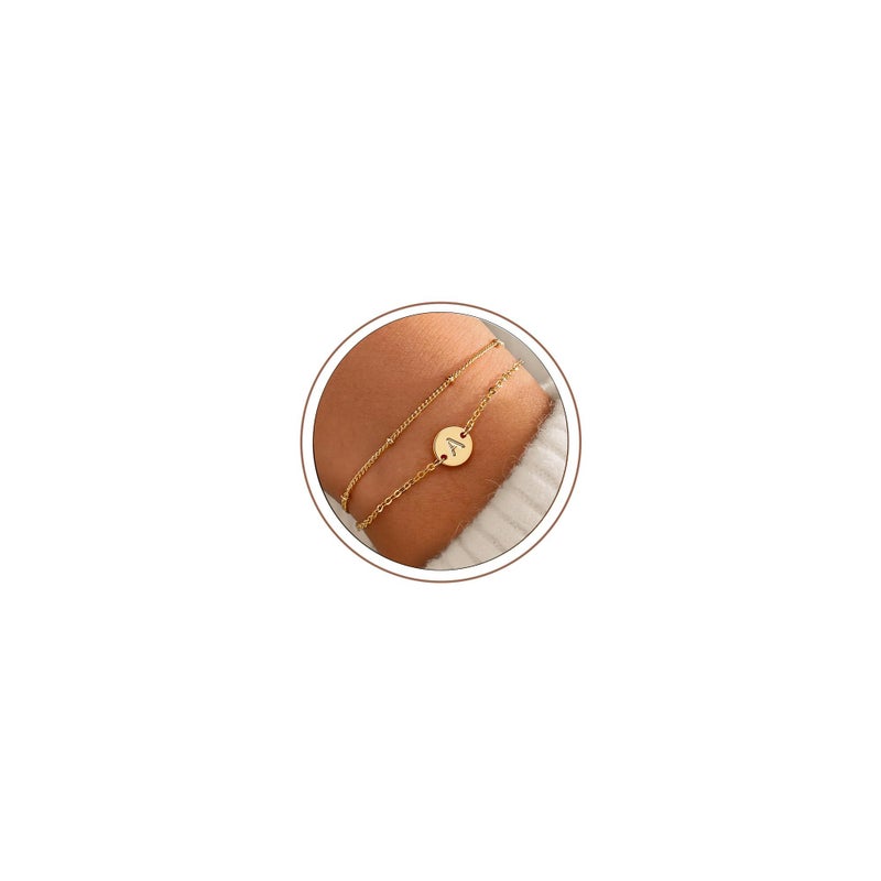 MONOZO Easter Basket Stuffers for Women Gold Initial Bracelets - Dainty 18K Gold Plated Disc Monogram Letter Initial A Bracelets Personalized Letter Bracelet Jewelry Birthday Easter Gifts for Women - Image 1
