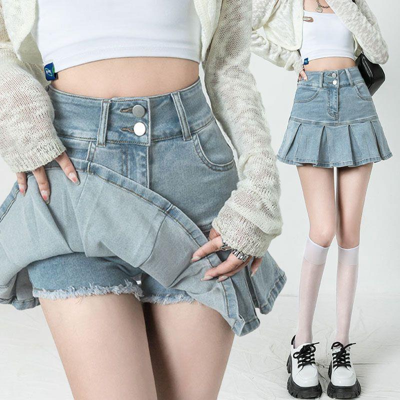 Ruffled Denim Skirt Women'S Light Blue Spice Girl A High Waist Pleated Skirt - Image 3