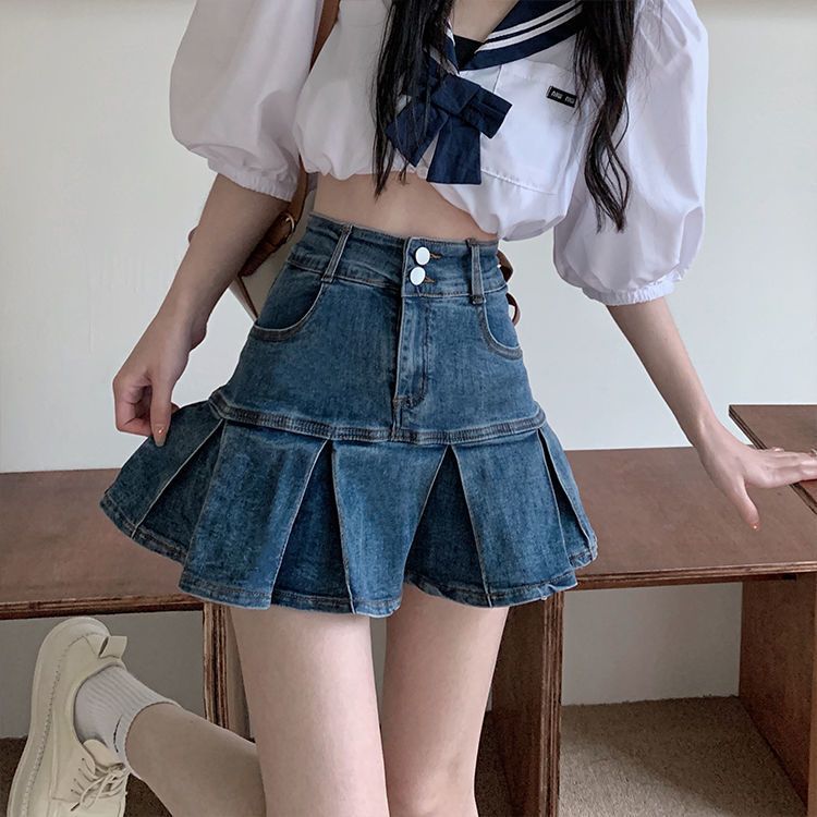Ruffled Denim Skirt Women'S Light Blue Spice Girl A High Waist Pleated Skirt - Image 1
