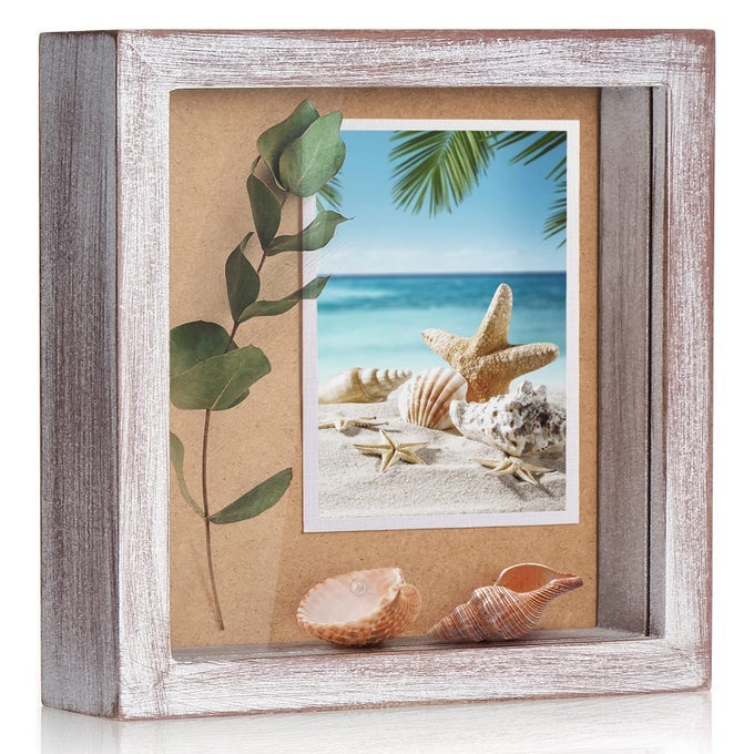 TJMOREE SMALL SHADOW BOX FRAME 5 X 5 SHADOWBOX DISPLAY CASE WOODEN PICTURE FRAME WITH GLASS WEDDING MEMORABILIA MEDALS PHOTOS FOR WALL AND TABLETOP WHITEWASHED RED