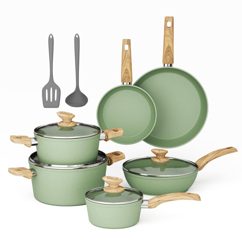 MAISON ARTS Pots and Pans Set Non Stick, 12 Piece Green Granite Kitchen Cookware Induction Compatible, Cooking Sets Pots and Pans Nonstick - Image 1