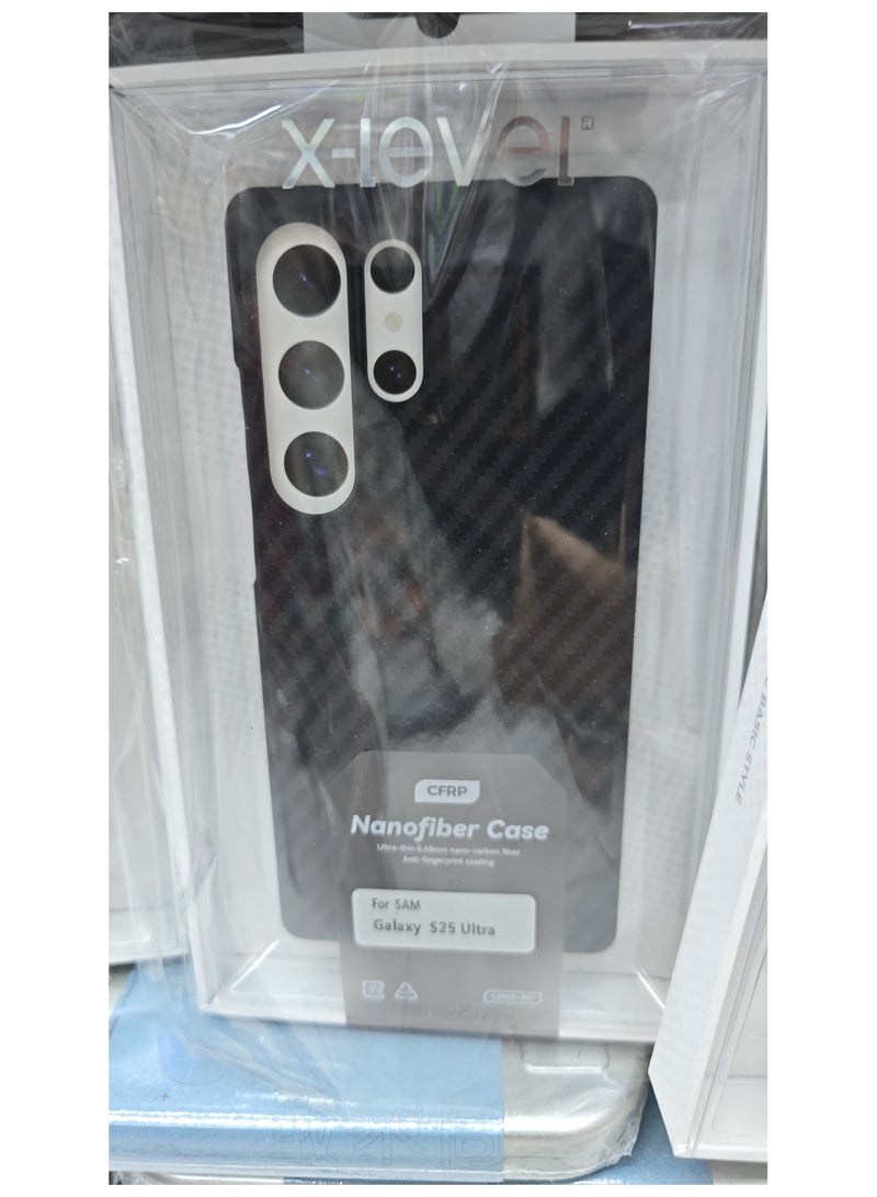 إكس ليفيل جراب Ultra Thin Carbon Fiber Texture لهاتف Samsung Galaxy S25 Ultra - خفيف الوزن، ومتين، ومطلي بألياف نانوية مضادة لبصمات الأصابع، وحماية دقيقة - أسود - Image 2