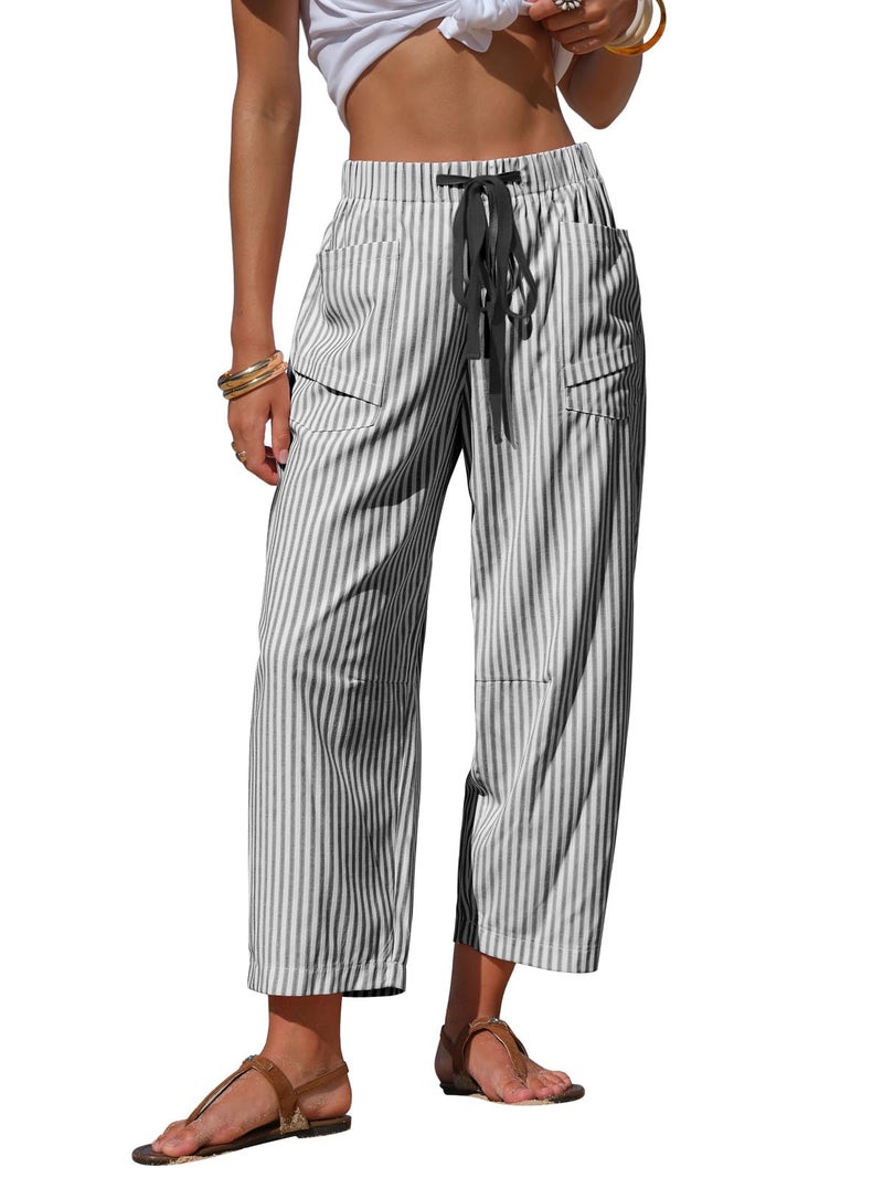 EXLURA Womens Faux Linen Striped Barrel Pants Comfy Drawstring Capri Pant with Pockets Summer Beach Vacation Lounge Trousers Black - Image 1