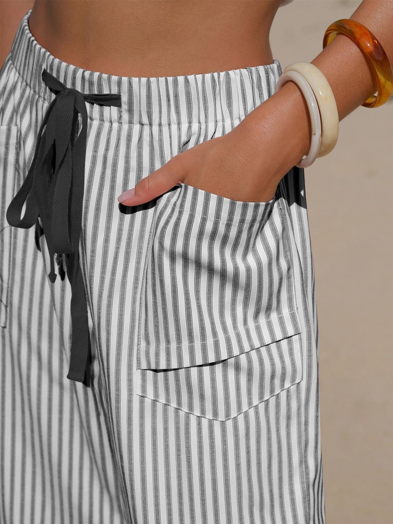 EXLURA Womens Faux Linen Striped Barrel Pants Comfy Drawstring Capri Pant with Pockets Summer Beach Vacation Lounge Trousers Black - Image 2