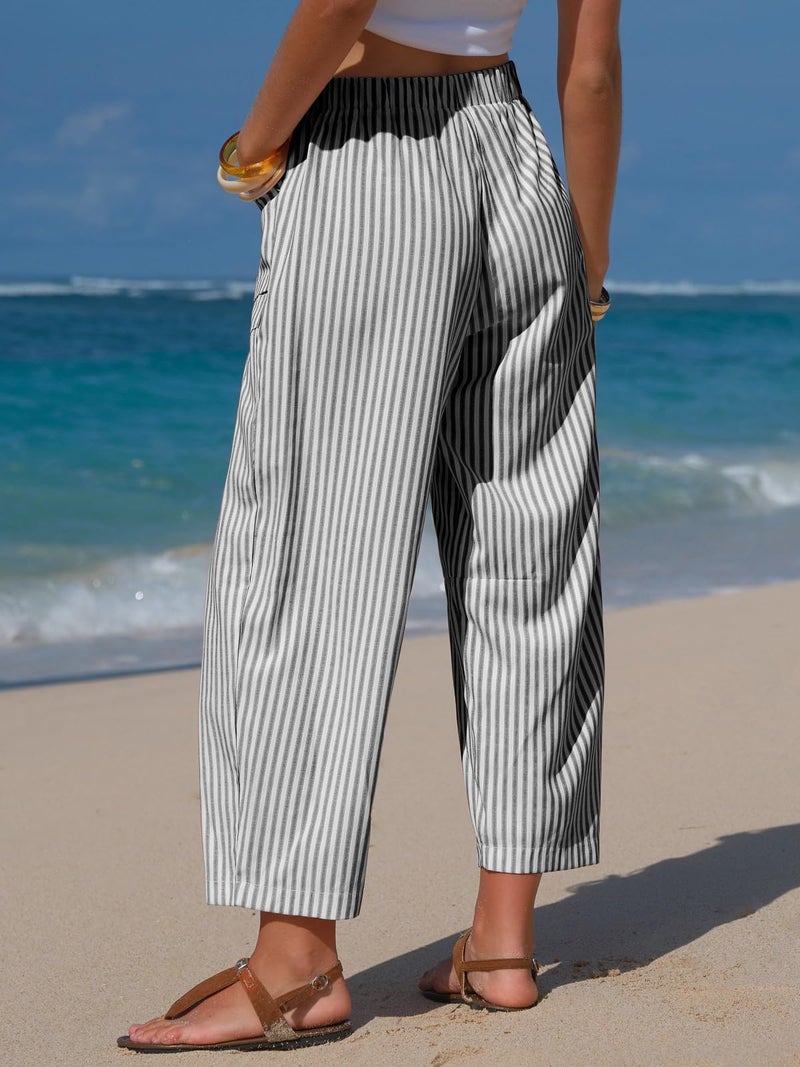 EXLURA Womens Faux Linen Striped Barrel Pants Comfy Drawstring Capri Pant with Pockets Summer Beach Vacation Lounge Trousers Black - Image 3