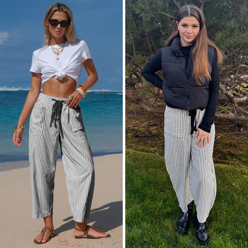 EXLURA Womens Faux Linen Striped Barrel Pants Comfy Drawstring Capri Pant with Pockets Summer Beach Vacation Lounge Trousers Black - Image 4