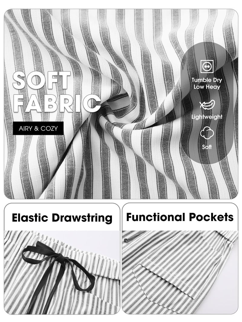 EXLURA Womens Faux Linen Striped Barrel Pants Comfy Drawstring Capri Pant with Pockets Summer Beach Vacation Lounge Trousers Black - Image 5